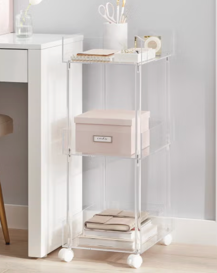The Container Store clear 3 tier rolling cart.