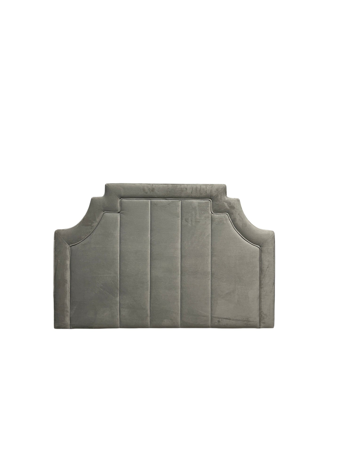 Gray velvet twin headboard with black legs.