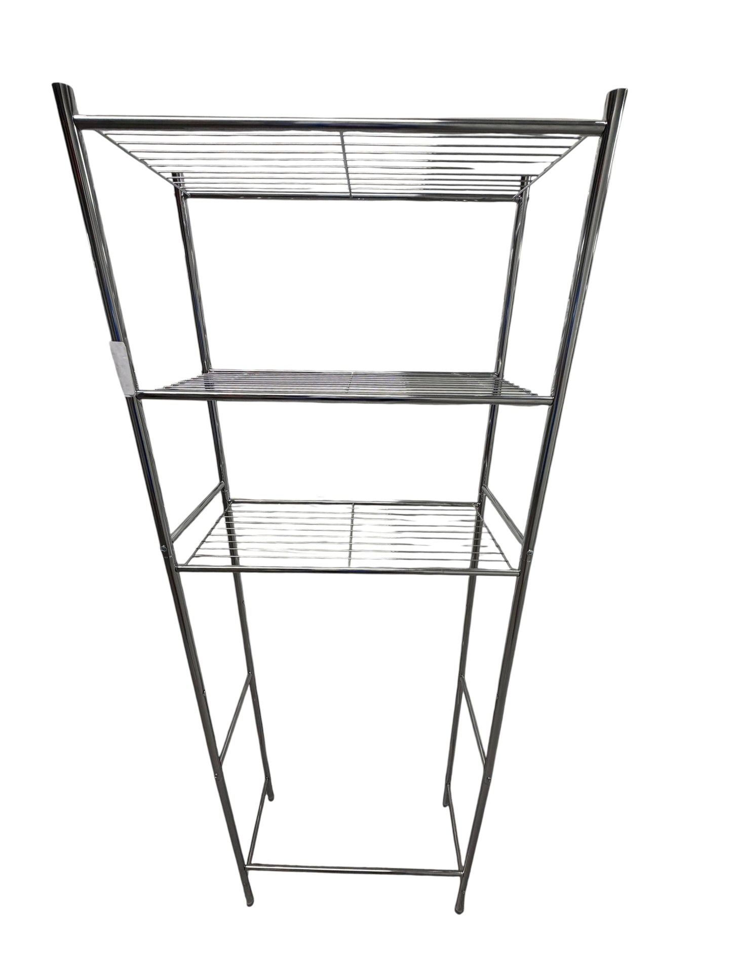 Silver tall metal shelving unit for over the dorm fridge or toilet.