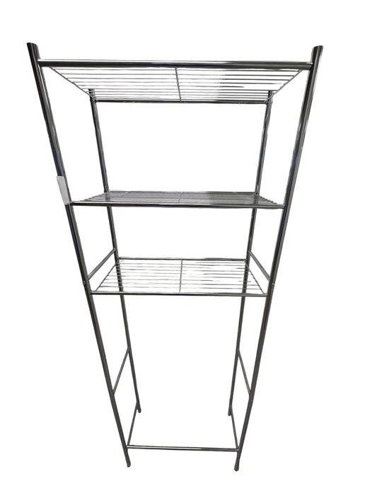 Silver tall metal shelving unit for over the dorm fridge or toilet.