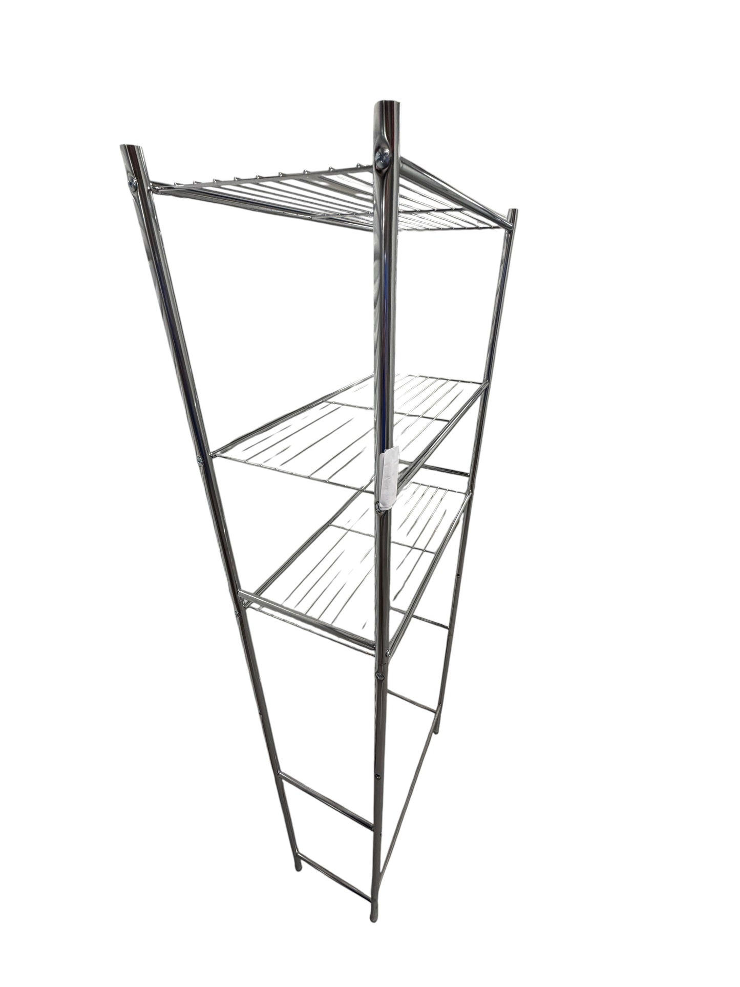 Silver tall metal shelving unit for over the dorm fridge or toilet.