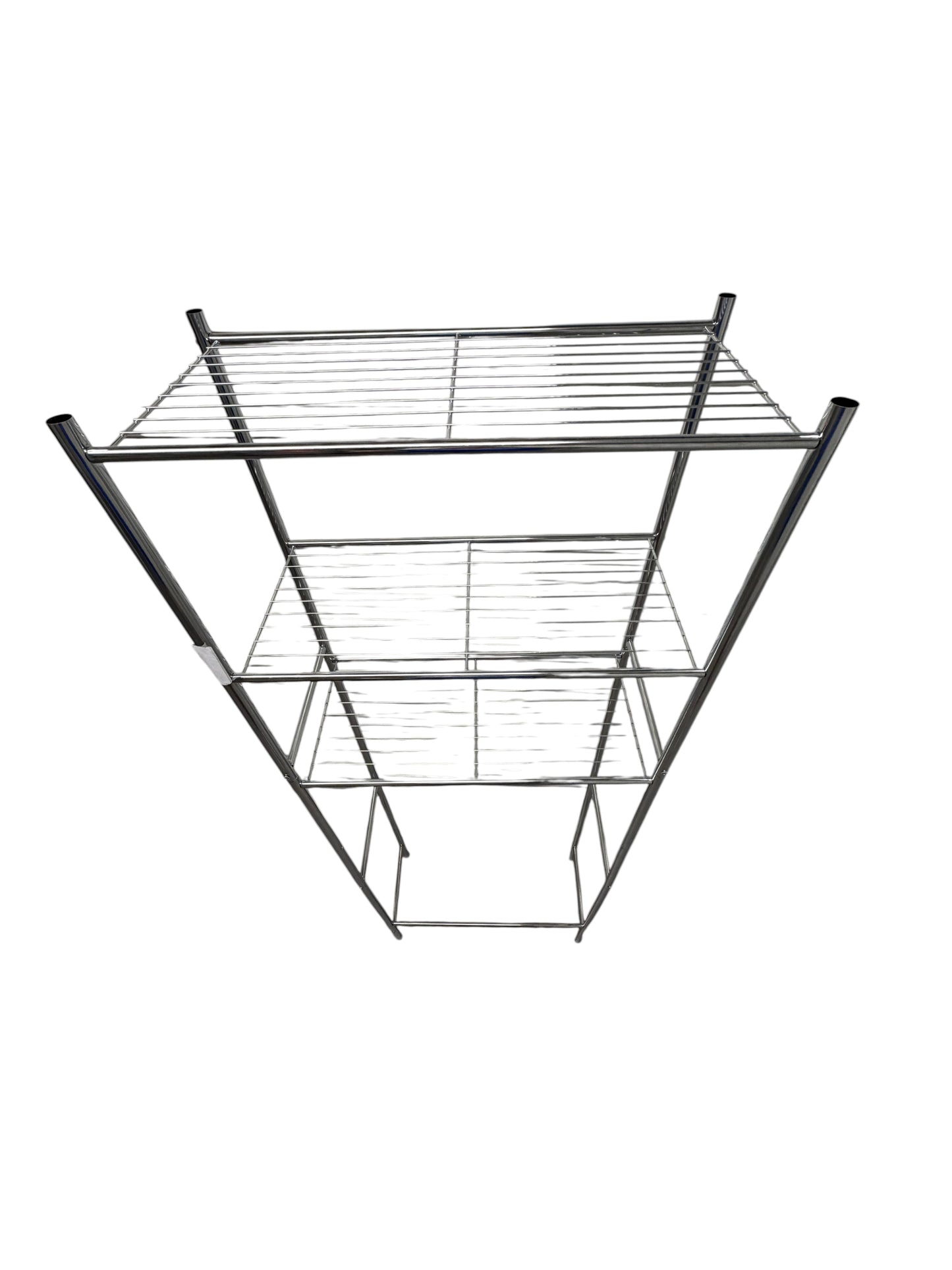 Silver tall metal shelving unit for over the dorm fridge or toilet.