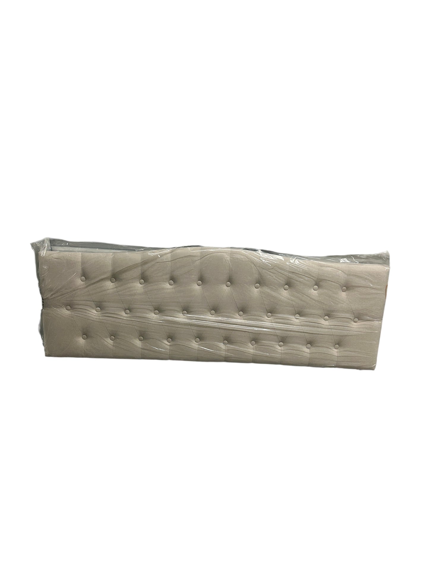 Brand new, still in the box beige queen headboard with wooden legs.