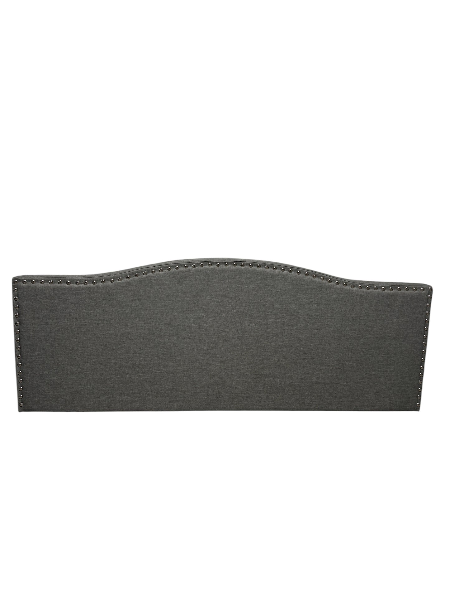 Gray queen headboard with silver buttons and attachable legs.