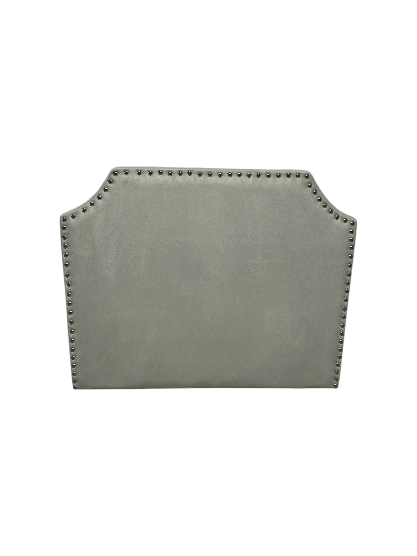 Gray velvet twin headboard with silver buttons.