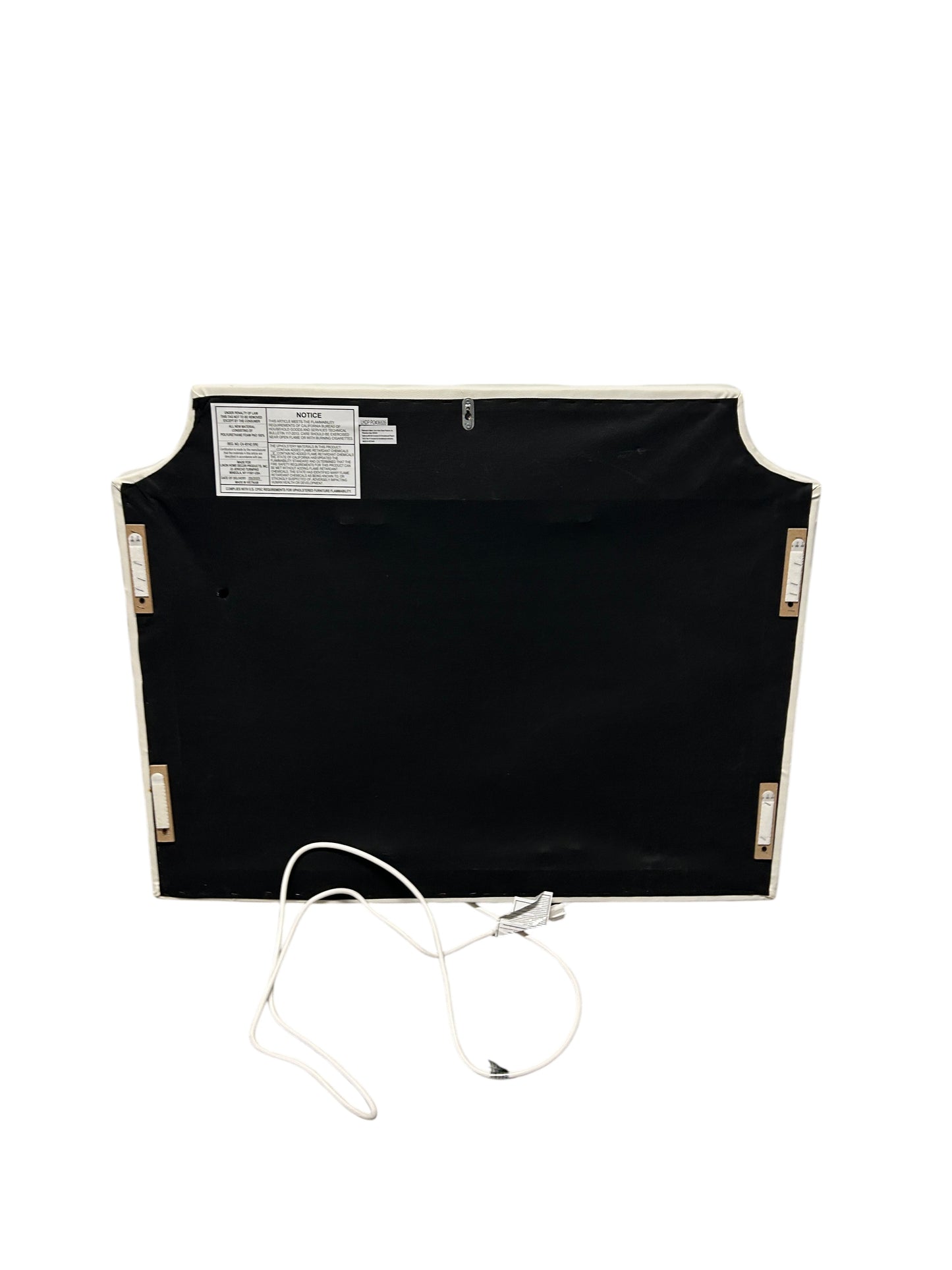 White twin headboard with silver buttons and a charging outlet.