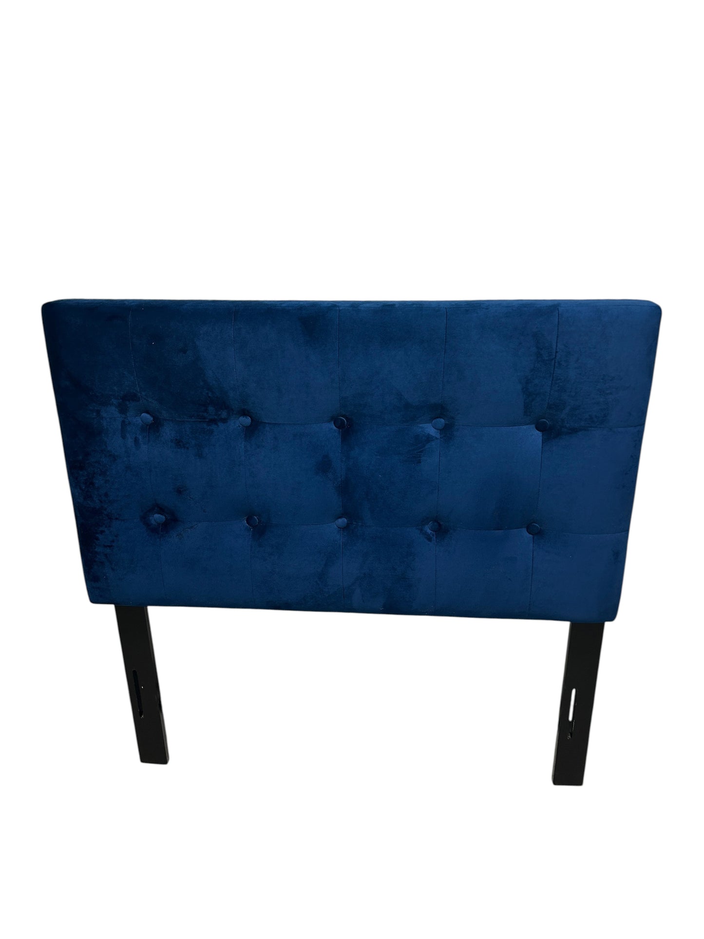 Blue twin velvet headboard with black legs.