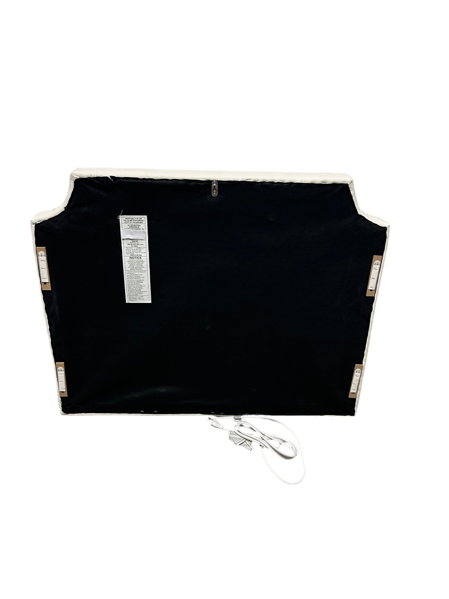 Dormify white twin headboard with silver buttons and a charging outlet.