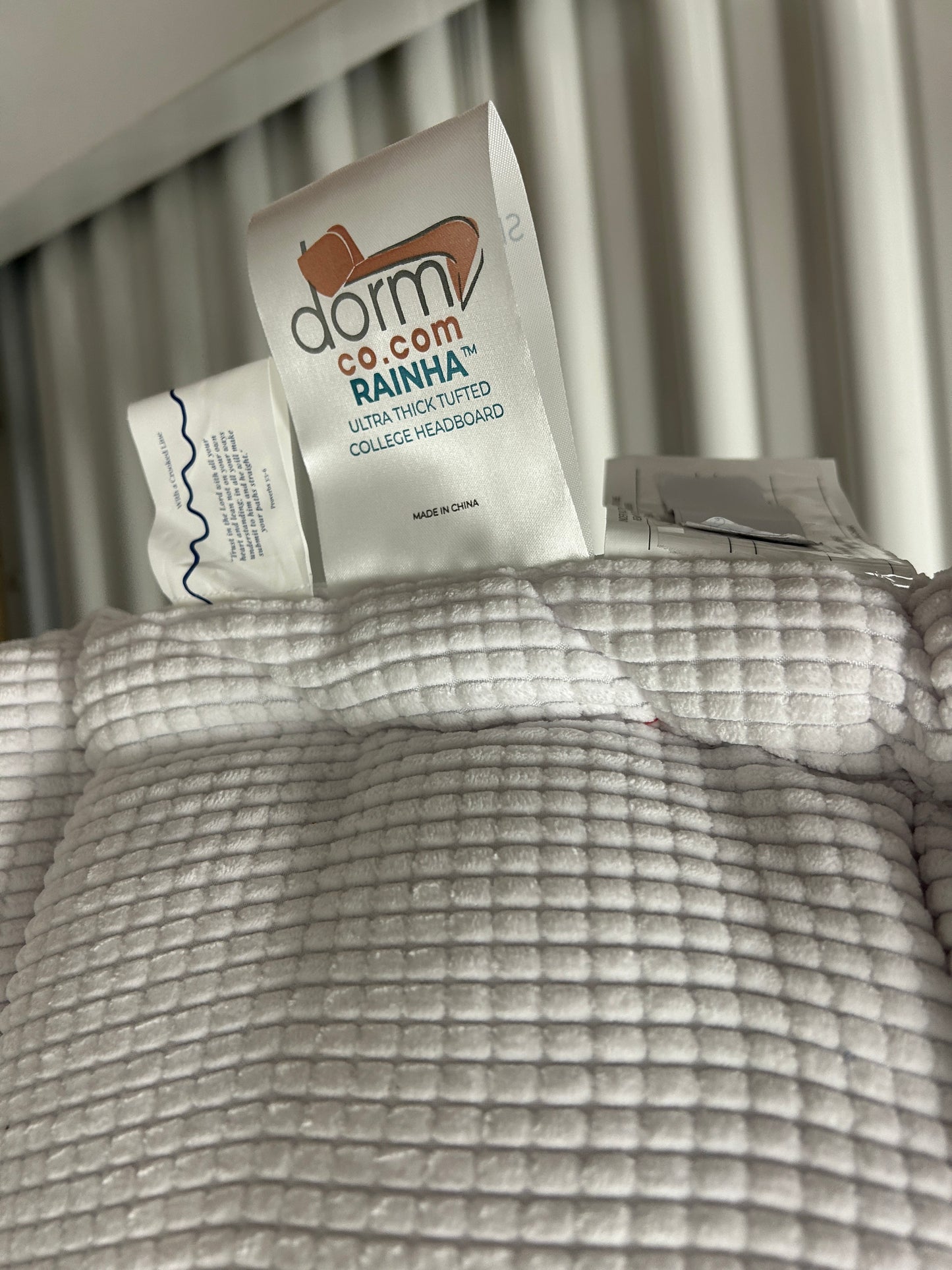 DormCo gray ultra thick ruffed college headboard.