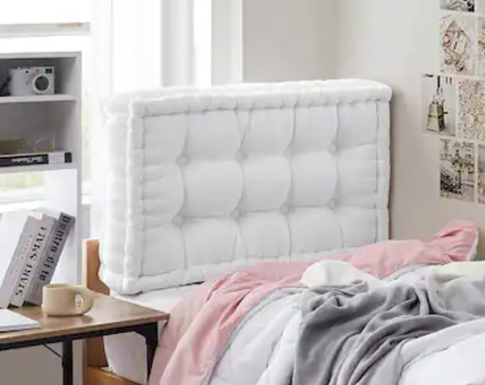 DormCo gray ultra thick ruffed college headboard.