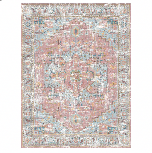 Washable 5x7 dusty pink blue rug.
