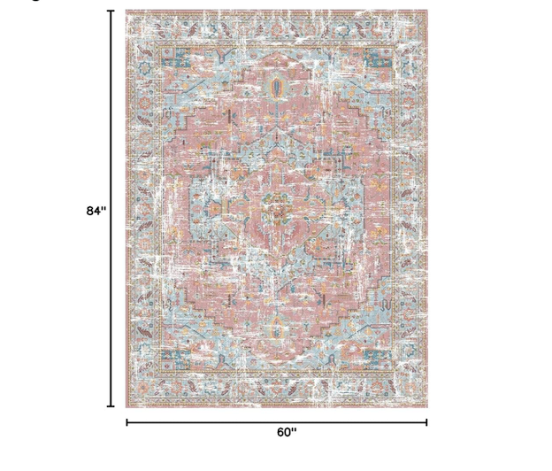 Washable 5x7 dusty pink blue rug.