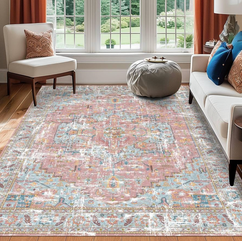 Washable 5x7 dusty pink blue rug.