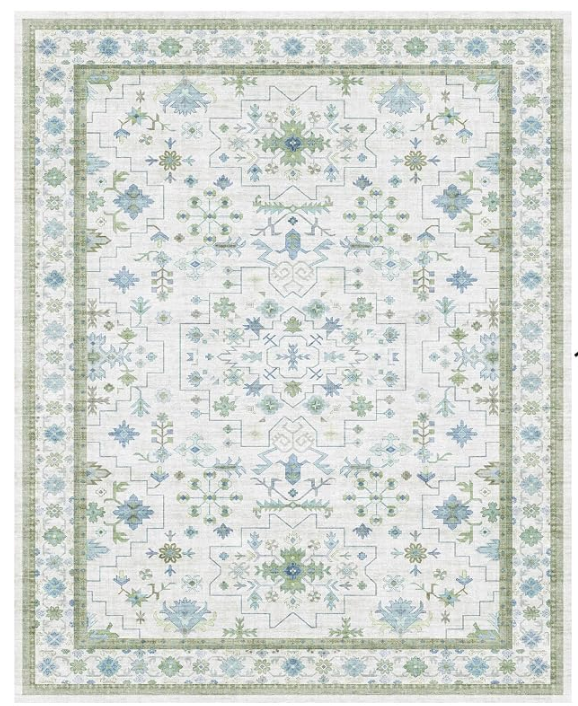 8x10 blue and green washable rug.