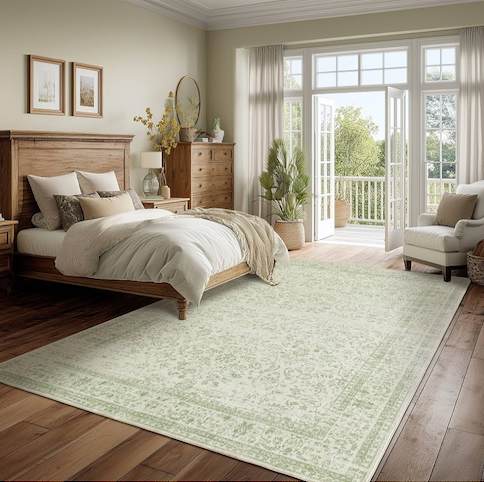 8x10 green and white washable rug.