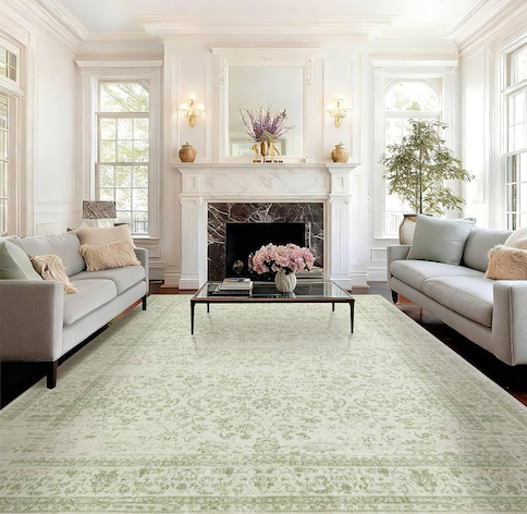 8x10 green and white washable rug.