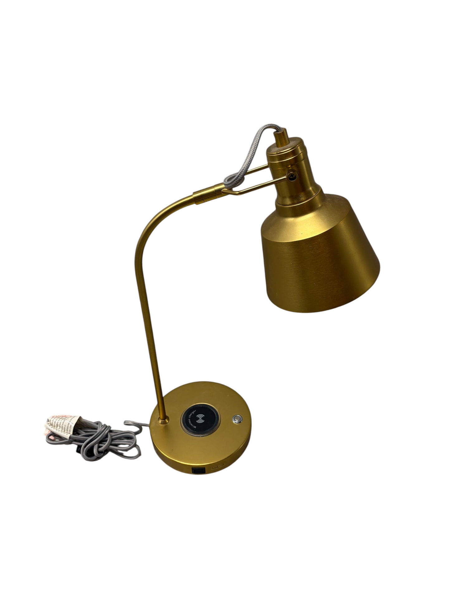 Pottery Barn Teen gold desk lamp with wireless charger.