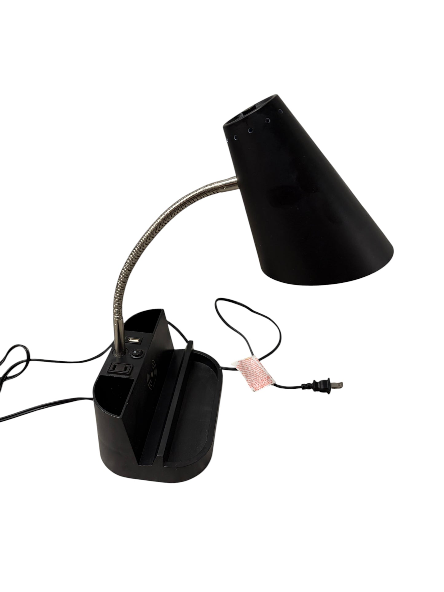Black desk lamp with built-in charging port.