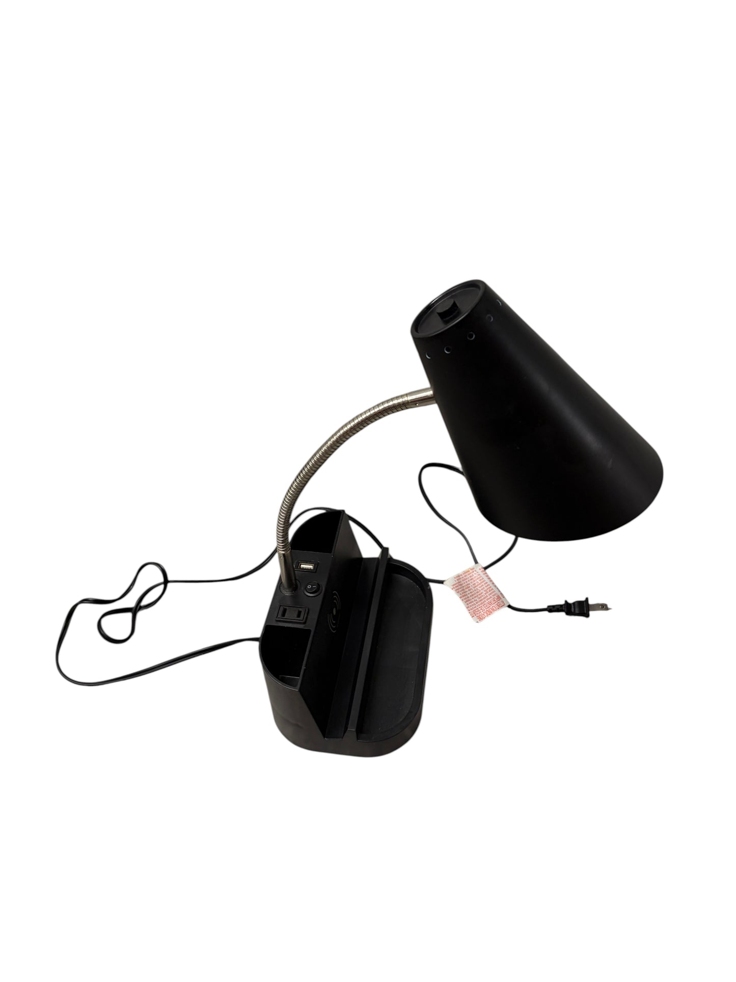Black desk lamp with built-in charging port.