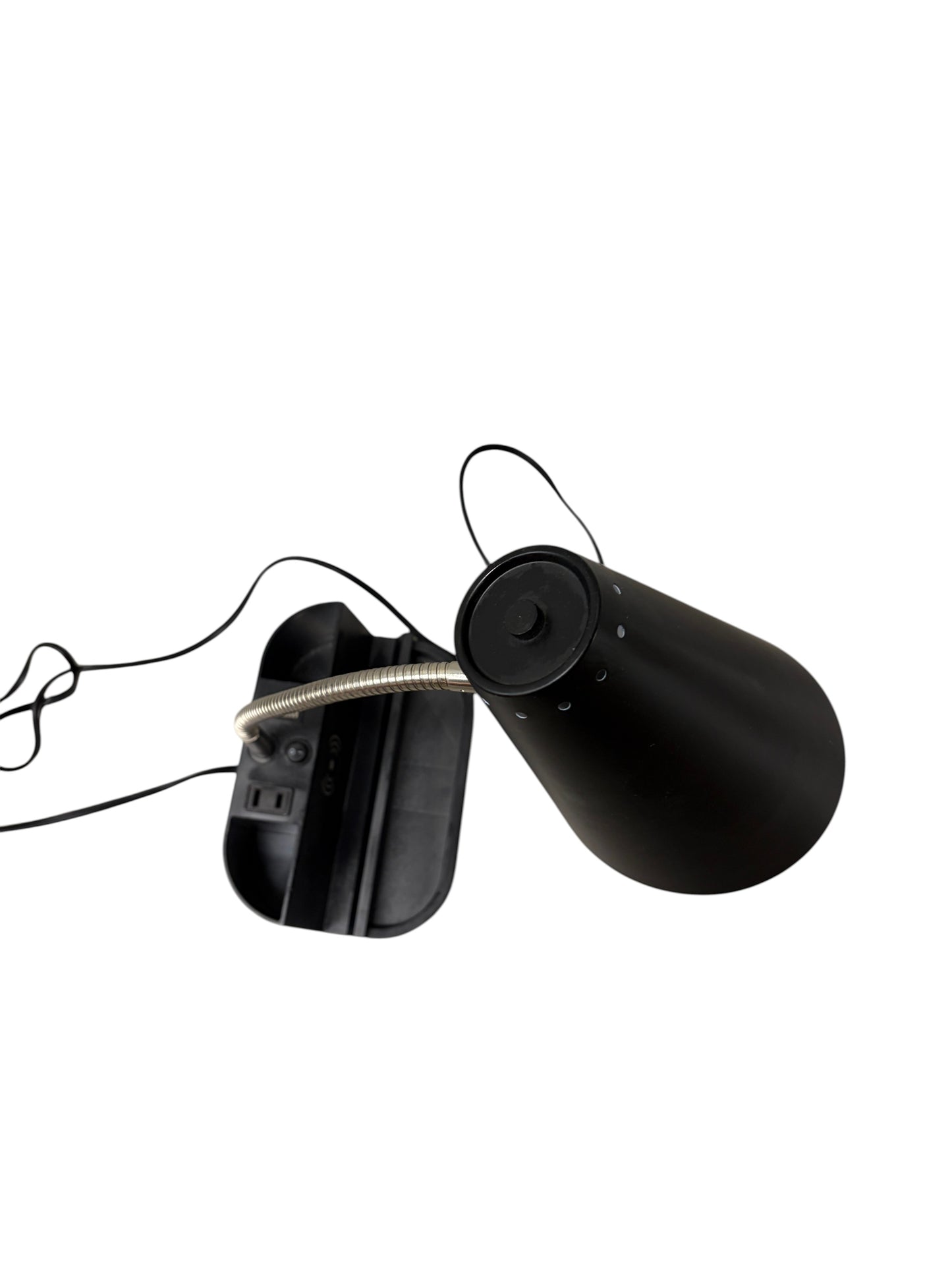 Black desk lamp with built-in charging port.