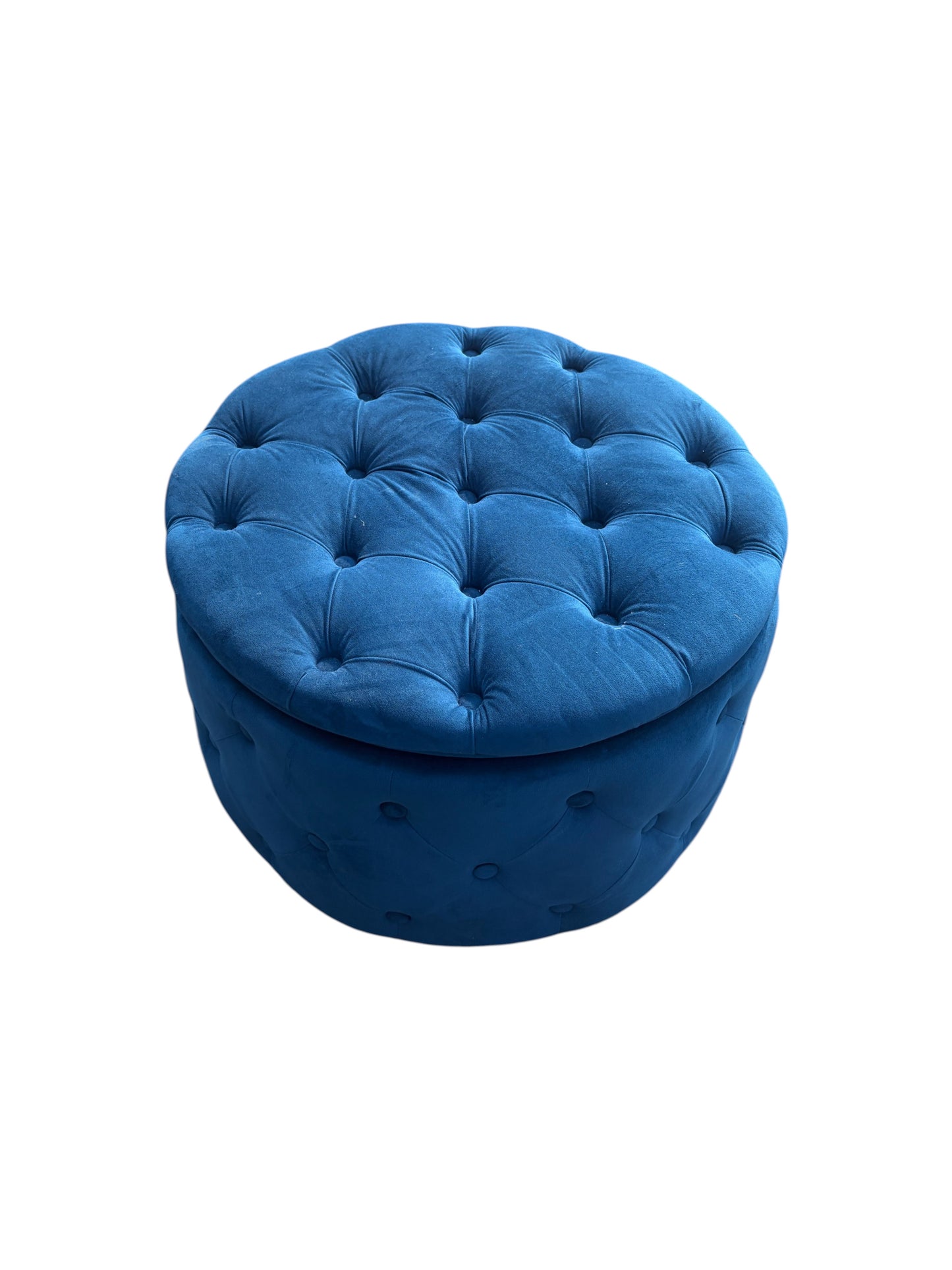 Blue round ottoman with storage inside.