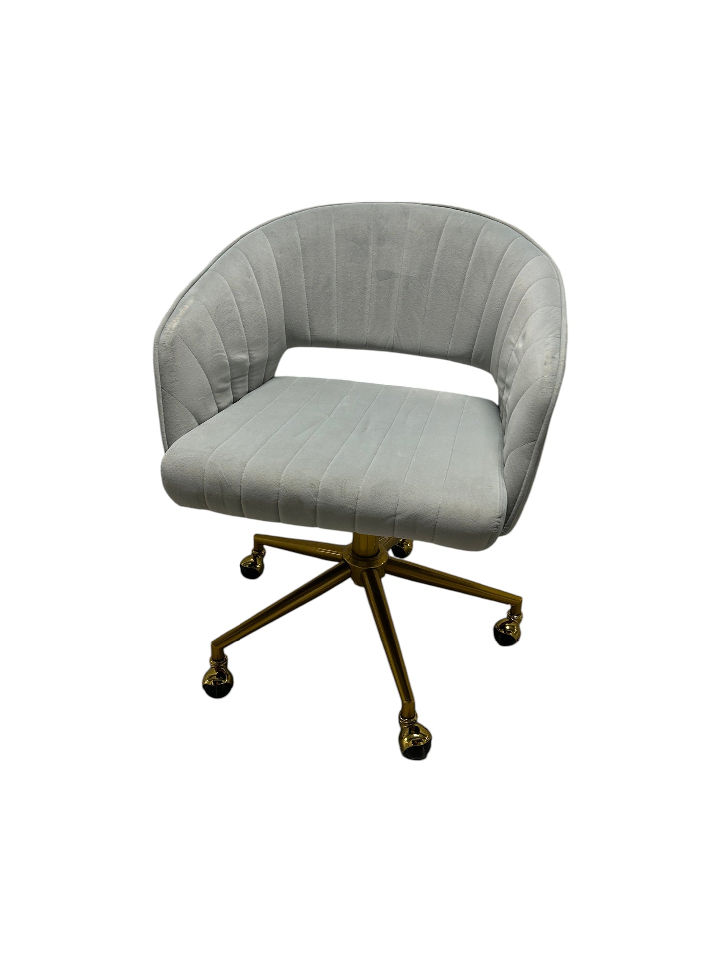 Light gray desk/office chair with a gold base.