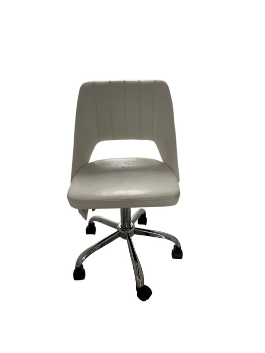 White desk chair with silver base and wheels.