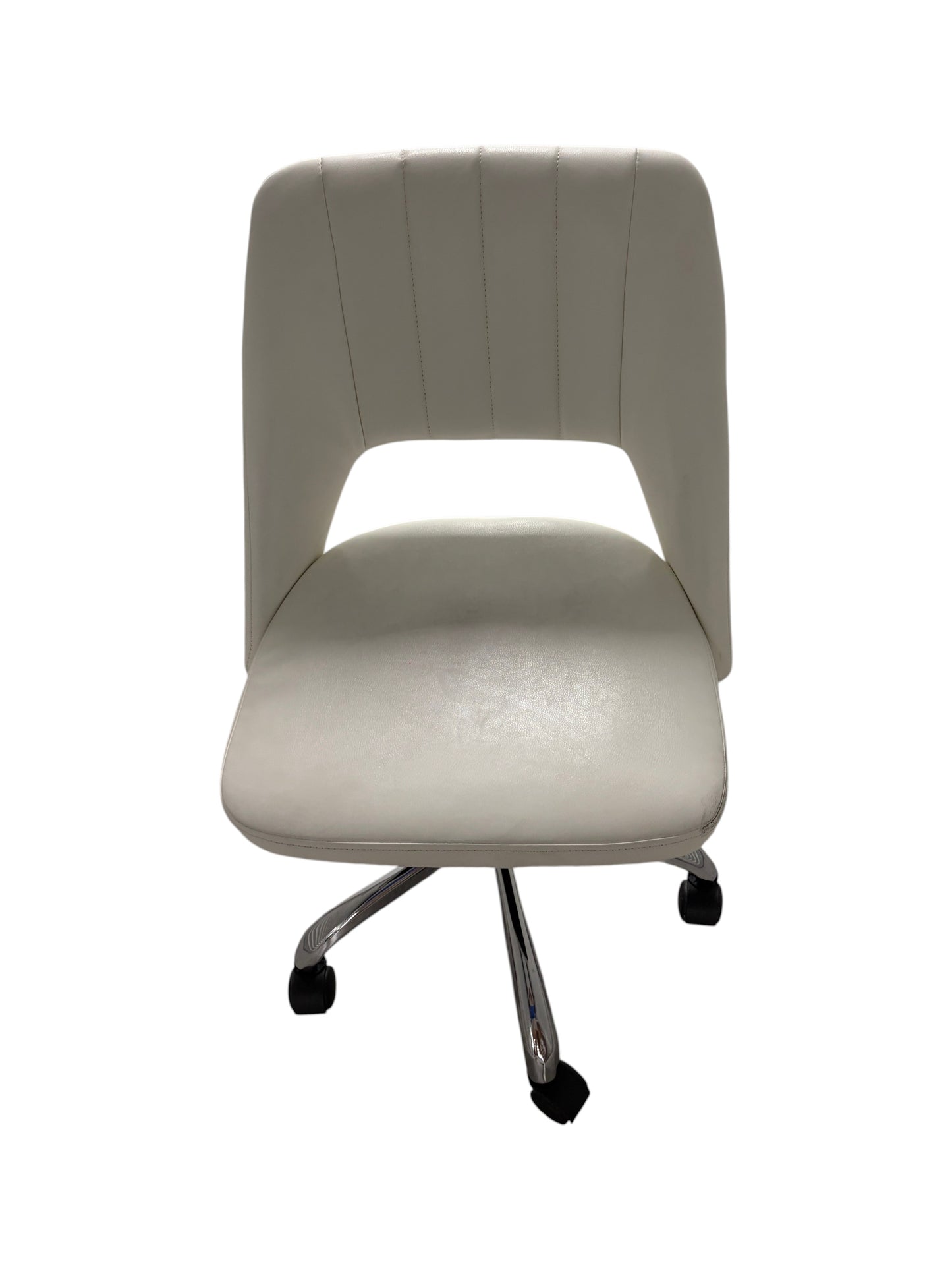 White desk chair with silver base and wheels.