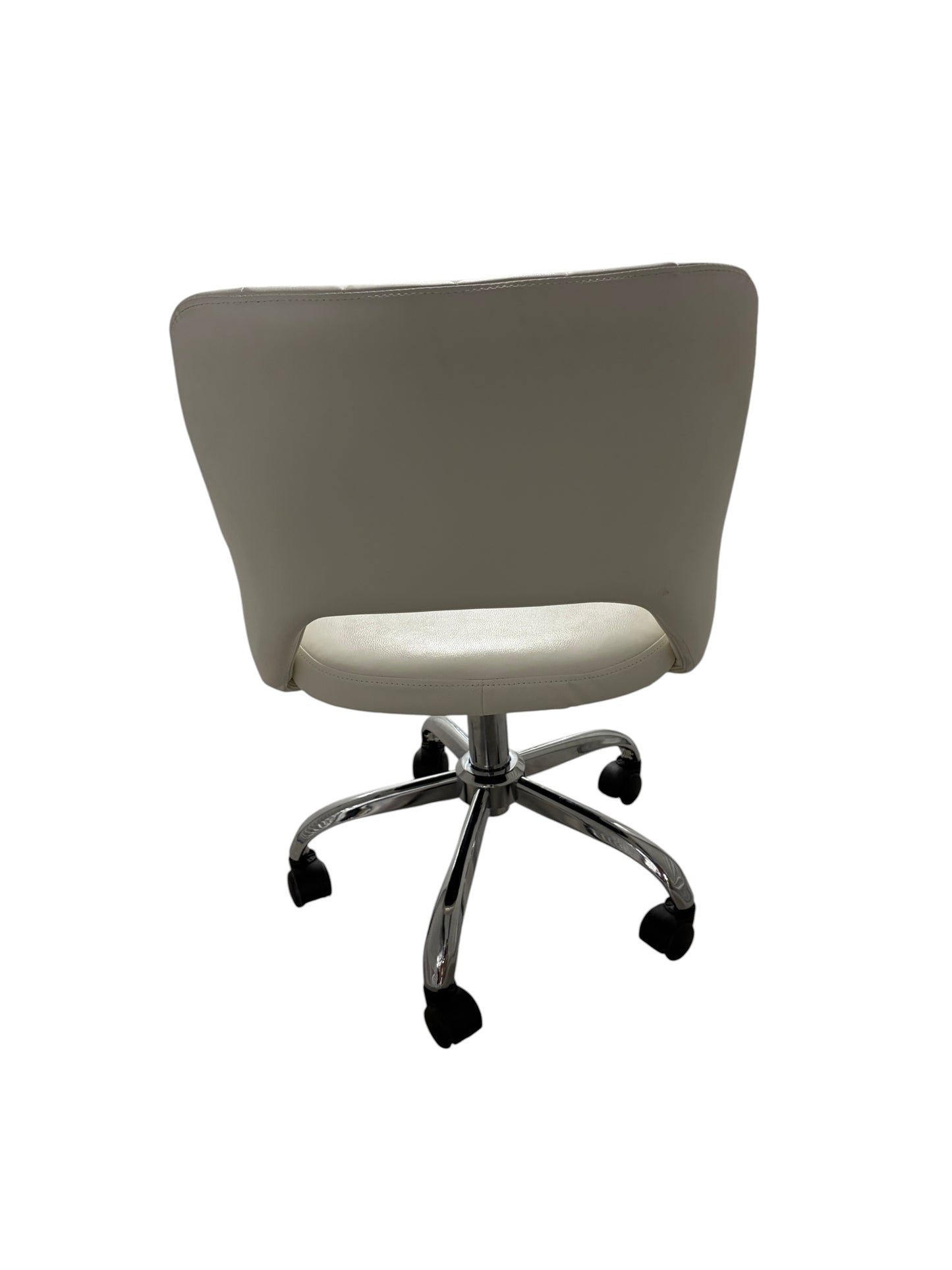 White desk chair with silver base and wheels.