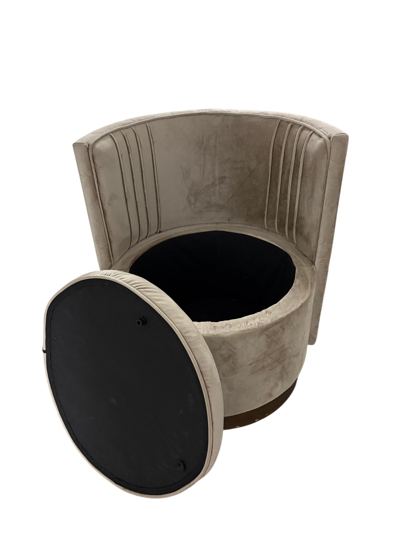 Rose gold chair on wheels with ottoman storage.