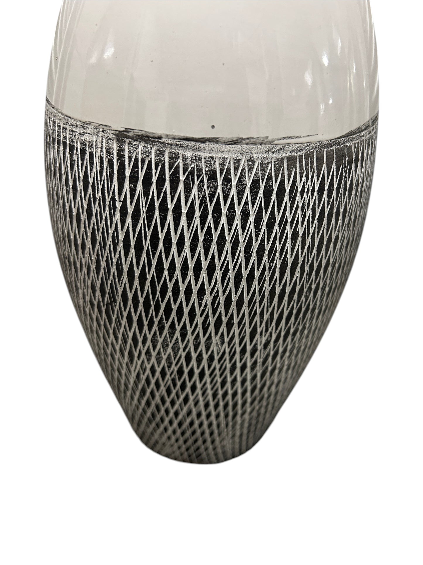 Gray and white table lamp with a textured ceramic base.
