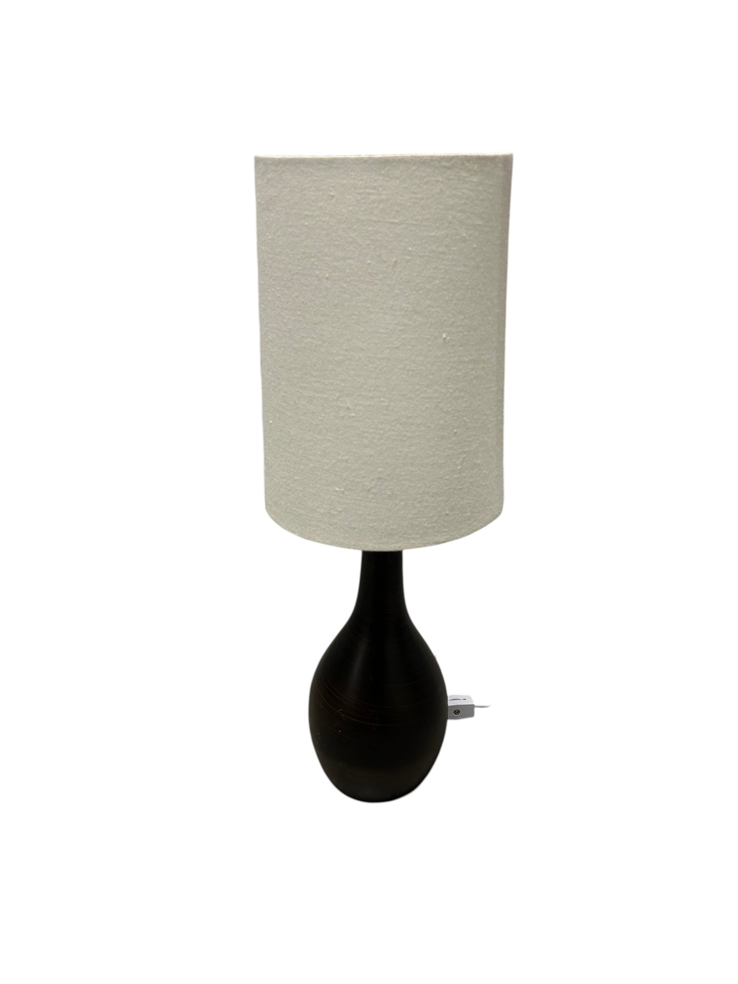 Brown wooden table lamp with cream shade.
