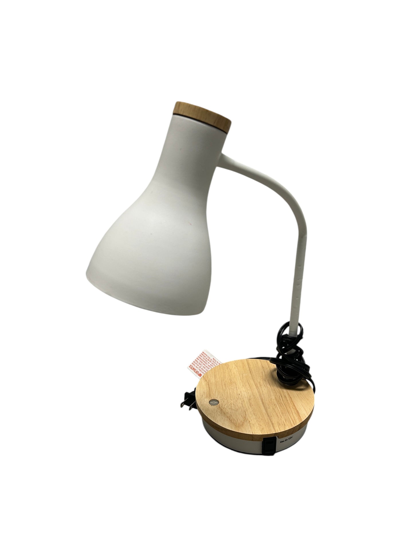 Wooden and white desk lamp with a charging outlet.
