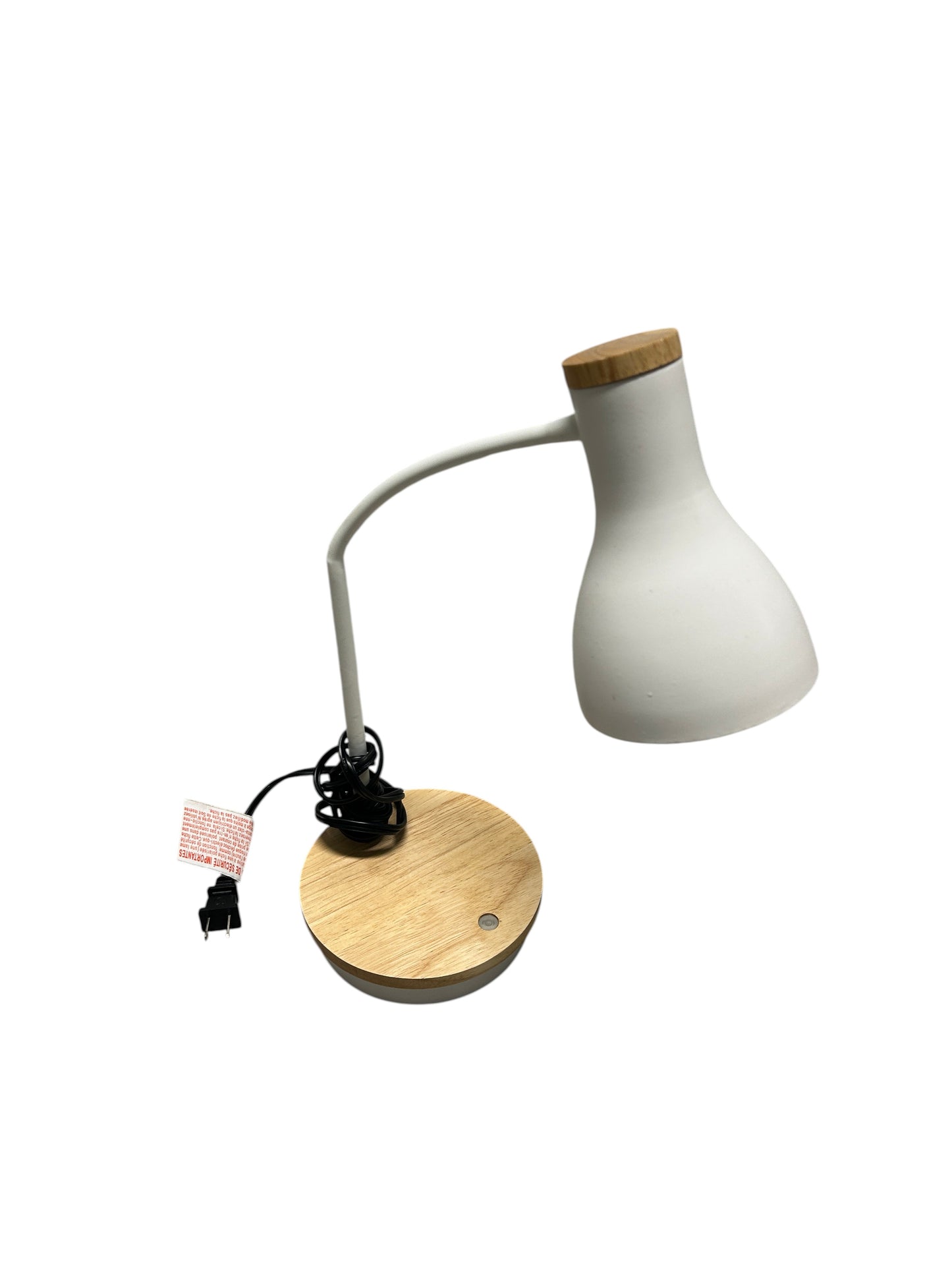 Wooden and white desk lamp with a charging outlet.
