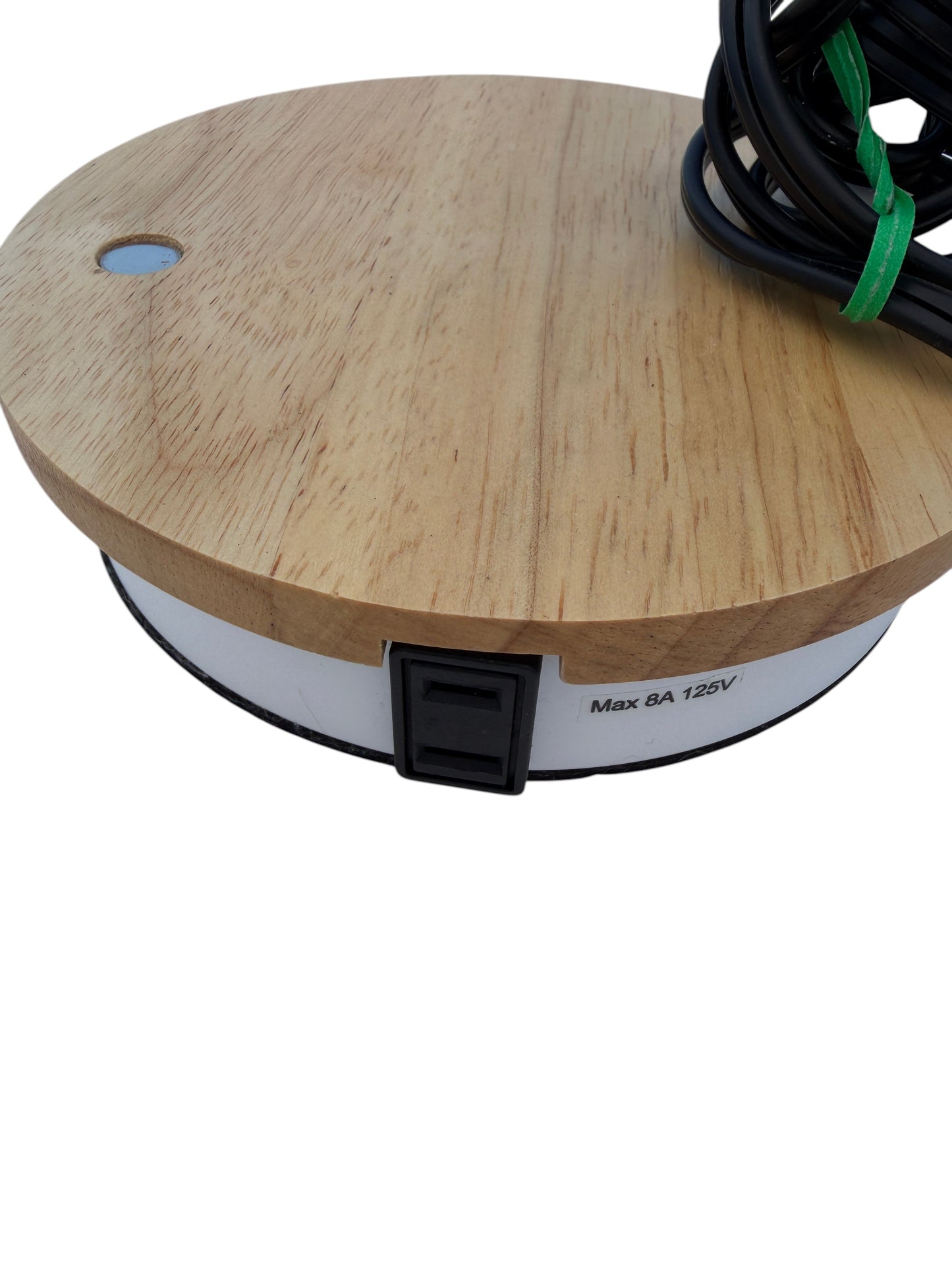 Wooden and white desk lamp with a charging outlet.