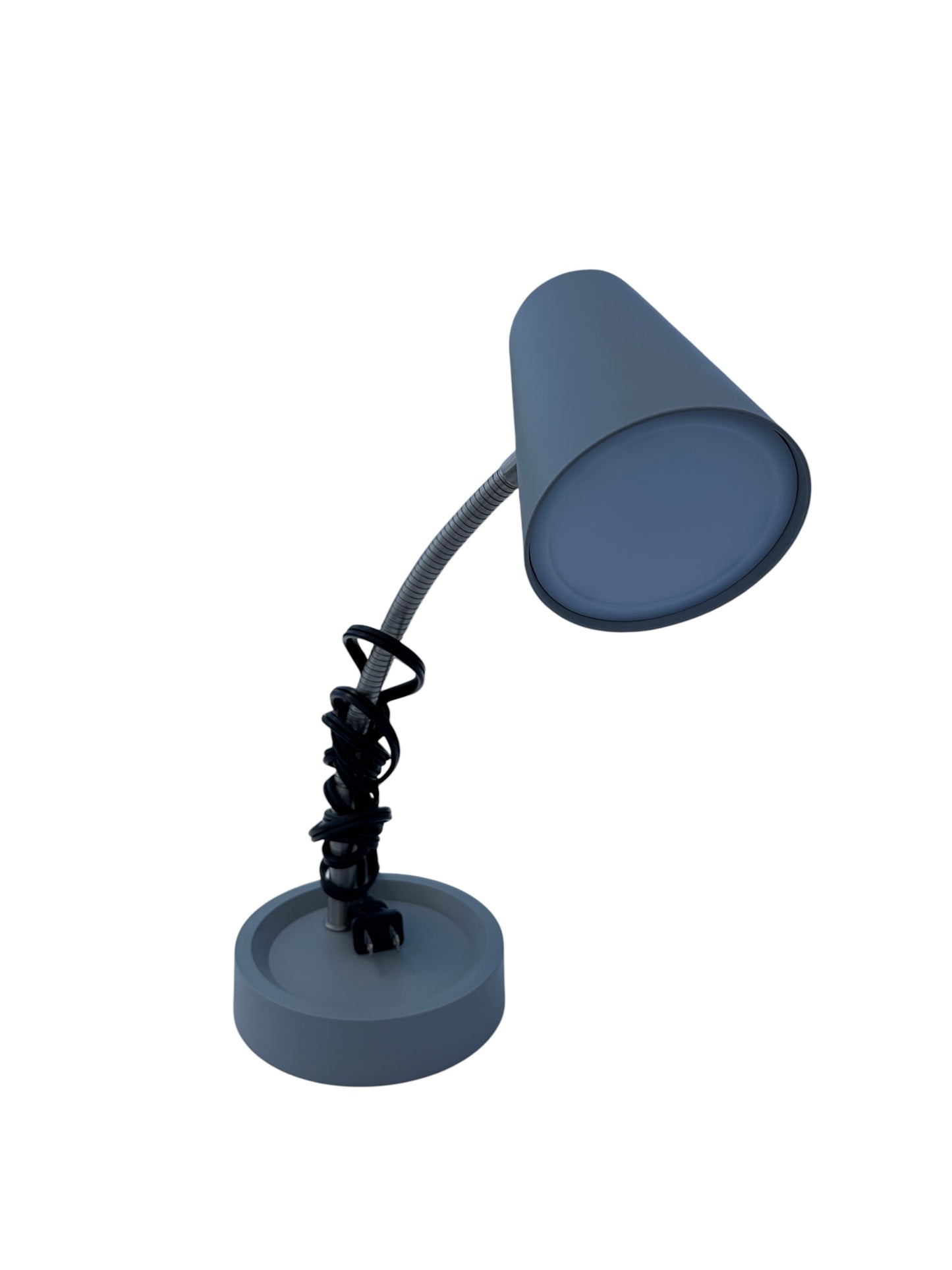 Gray desk lamp with charging outlet.