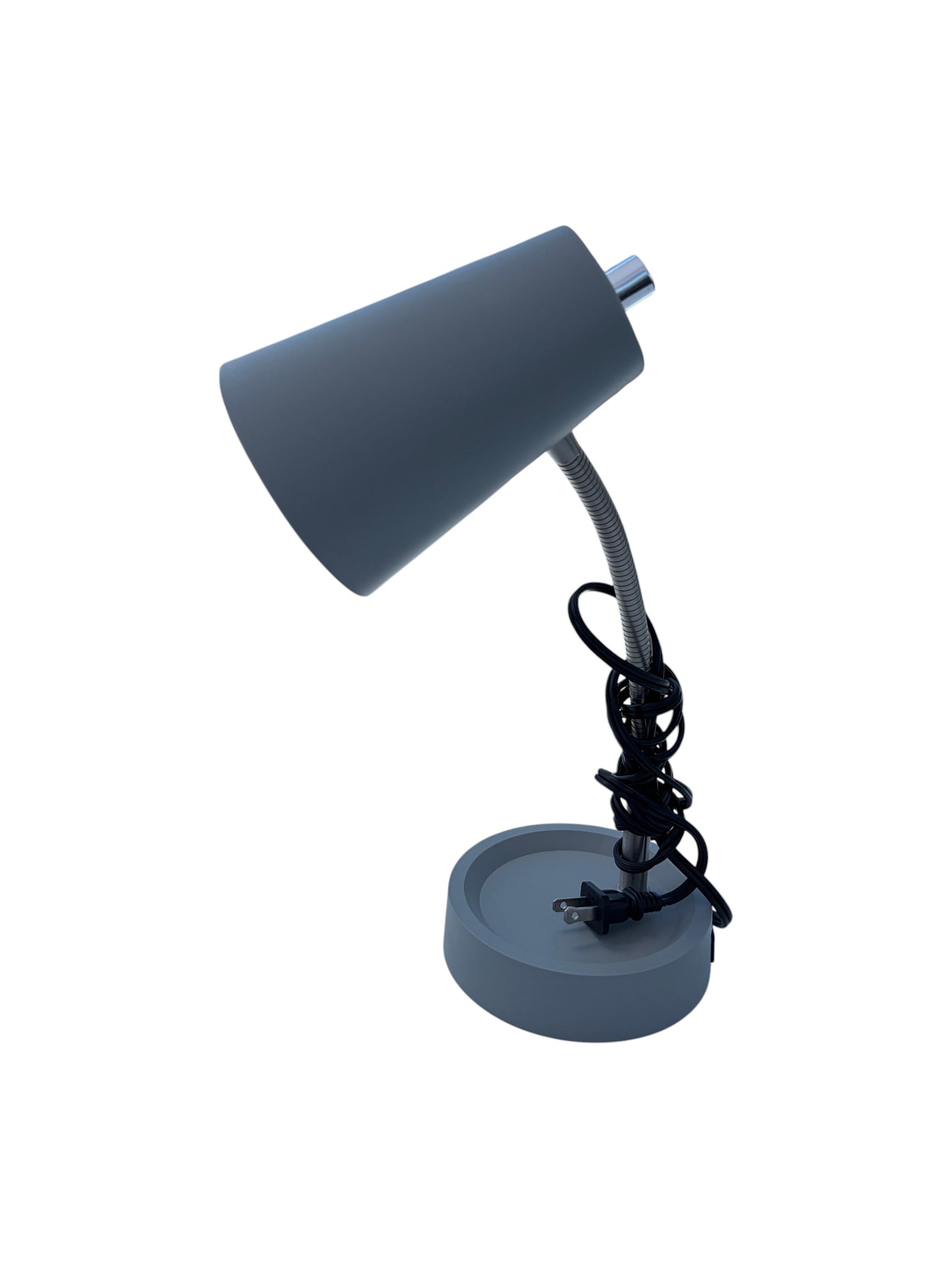 Gray desk lamp with charging outlet.