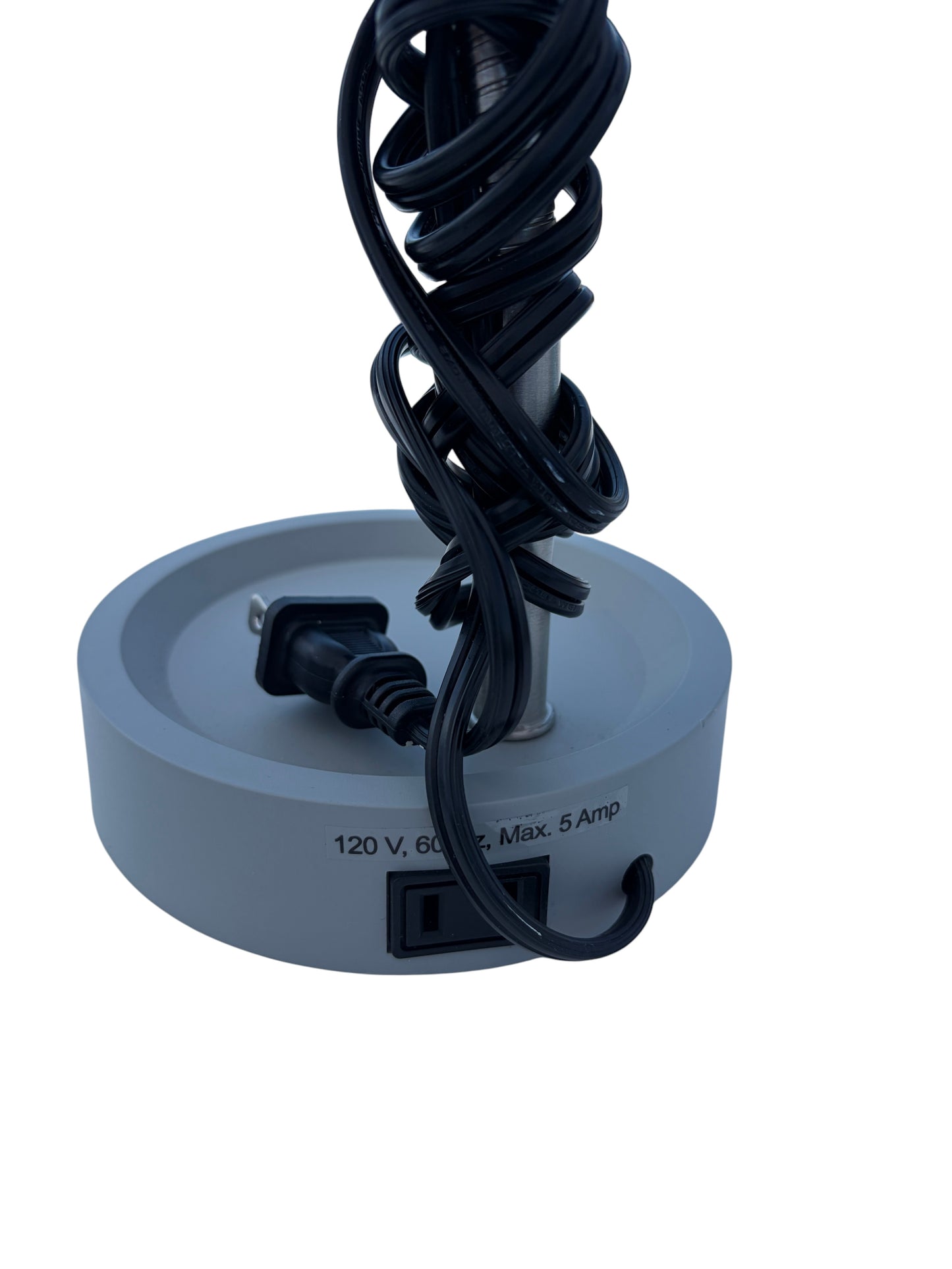 Gray desk lamp with charging outlet.