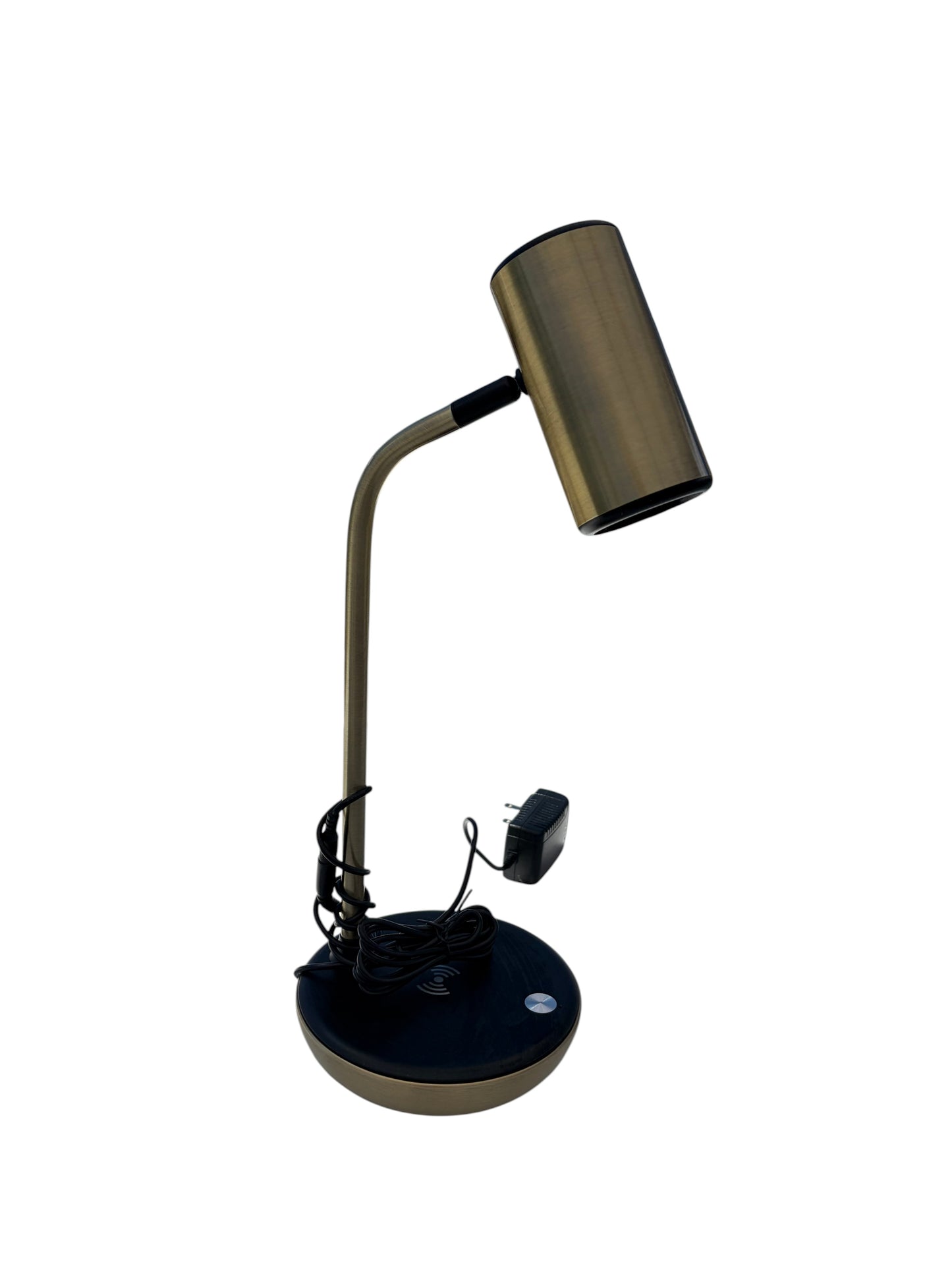 Gold desk lamp with wireless charger.