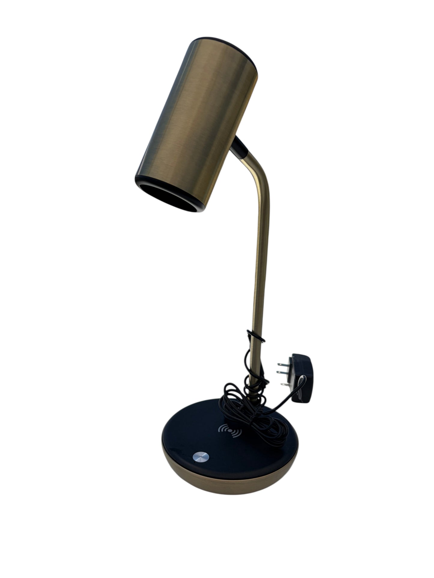 Gold desk lamp with wireless charger.