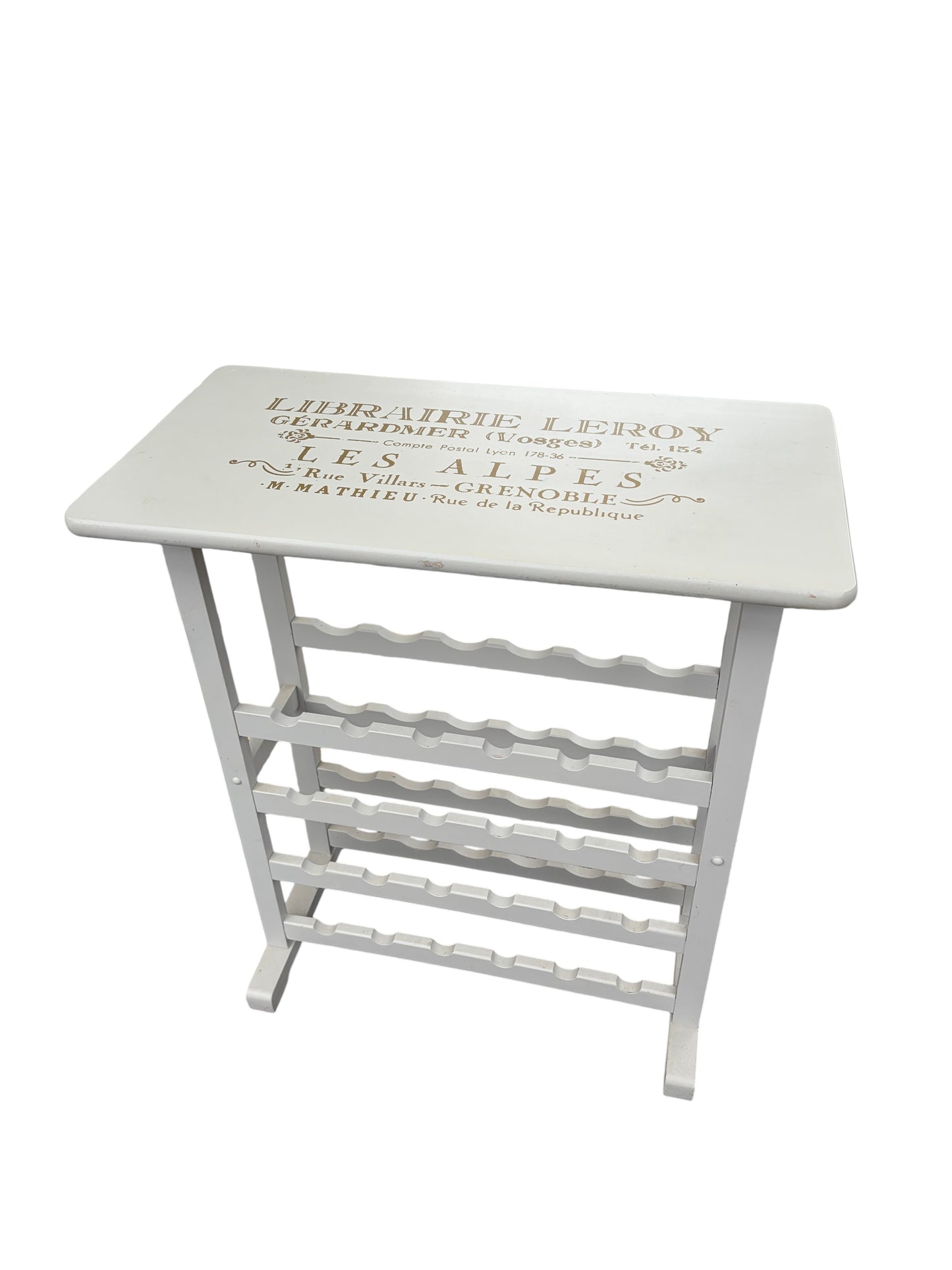 Gray painted wooden wine rack.