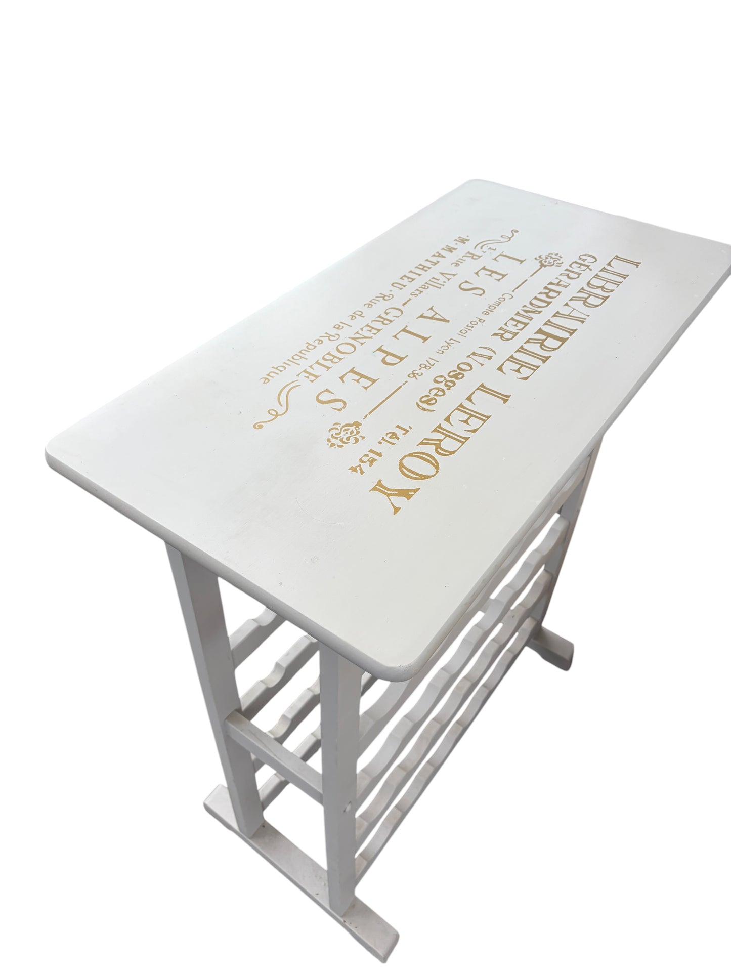 Gray painted wooden wine rack.