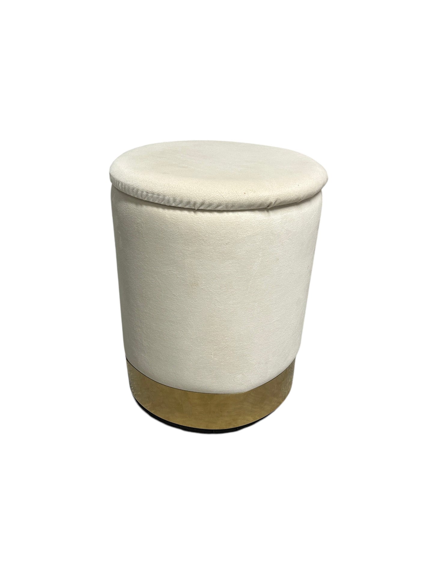 Off-white ottoman with gold base and storage.
