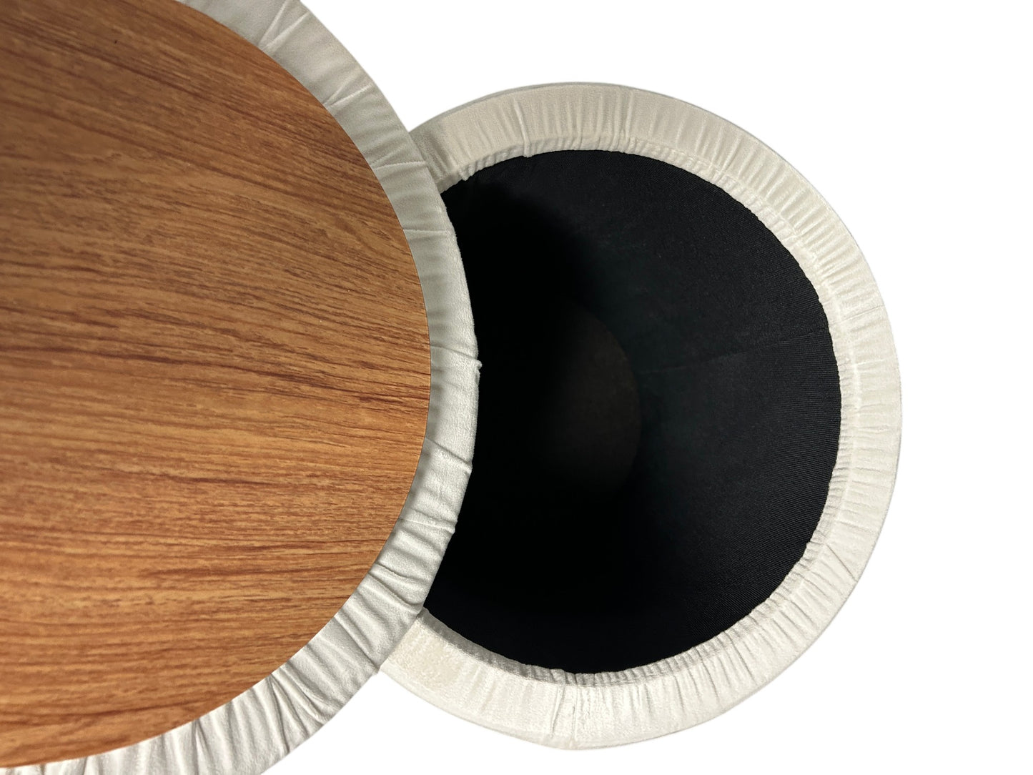 Off-white ottoman with gold base and storage.