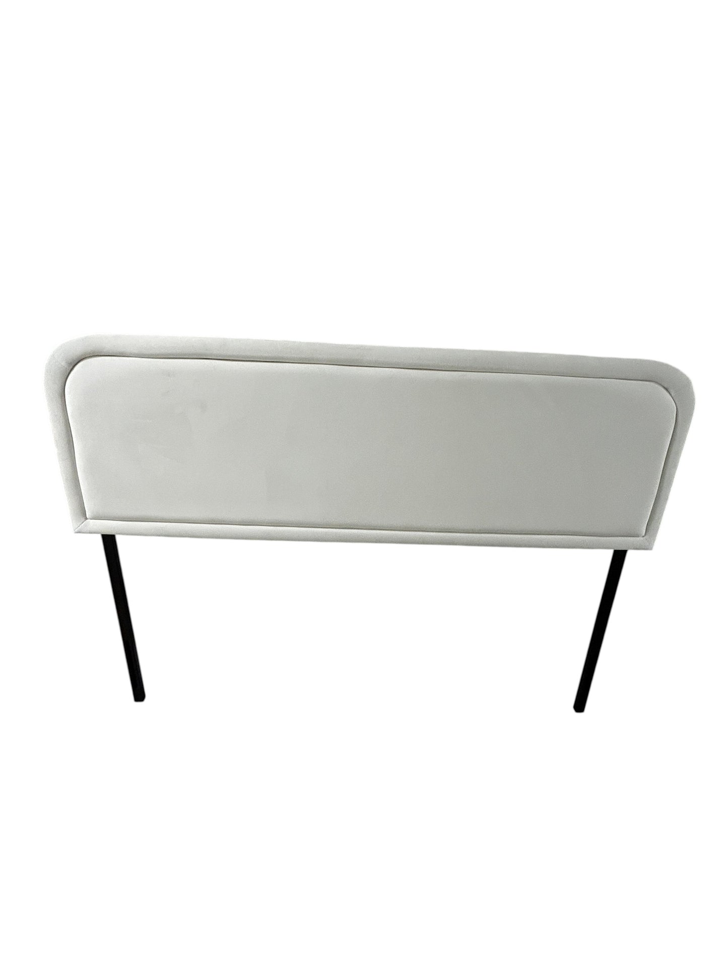 White queen velvet headboard with black metal legs.