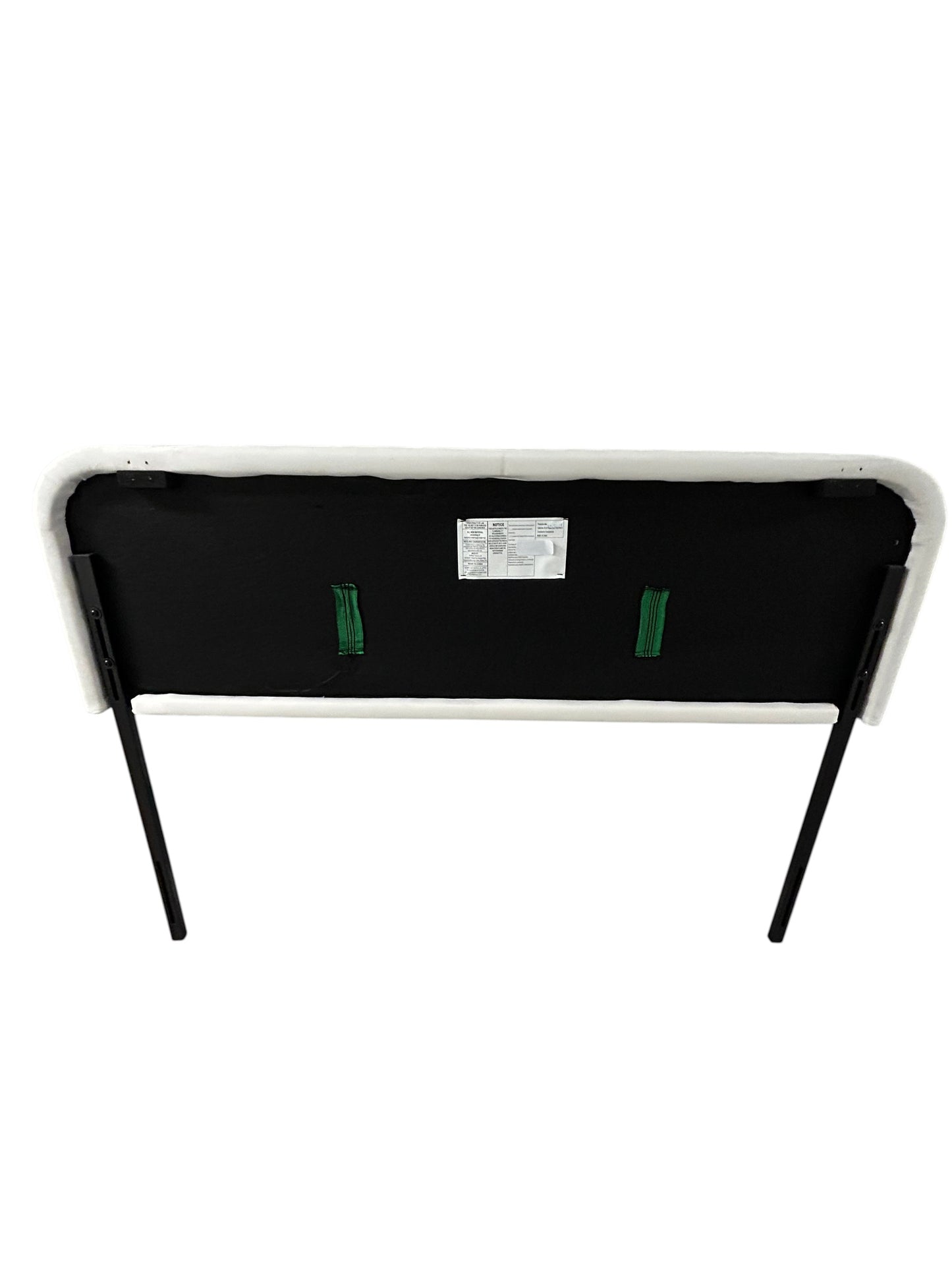White queen velvet headboard with black metal legs.