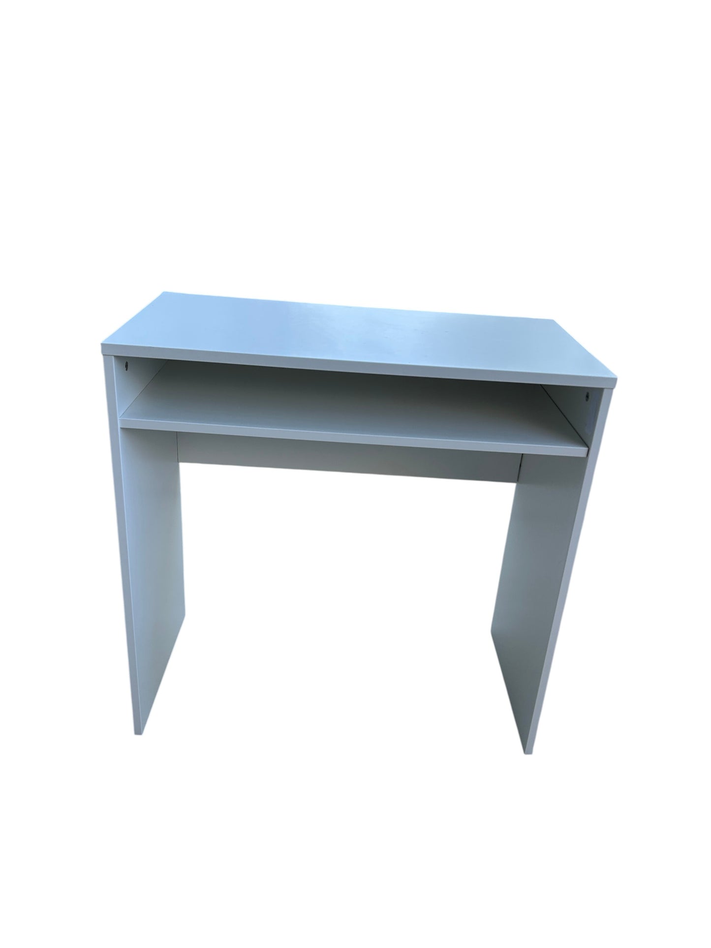 White desk with an under-surface shelf.