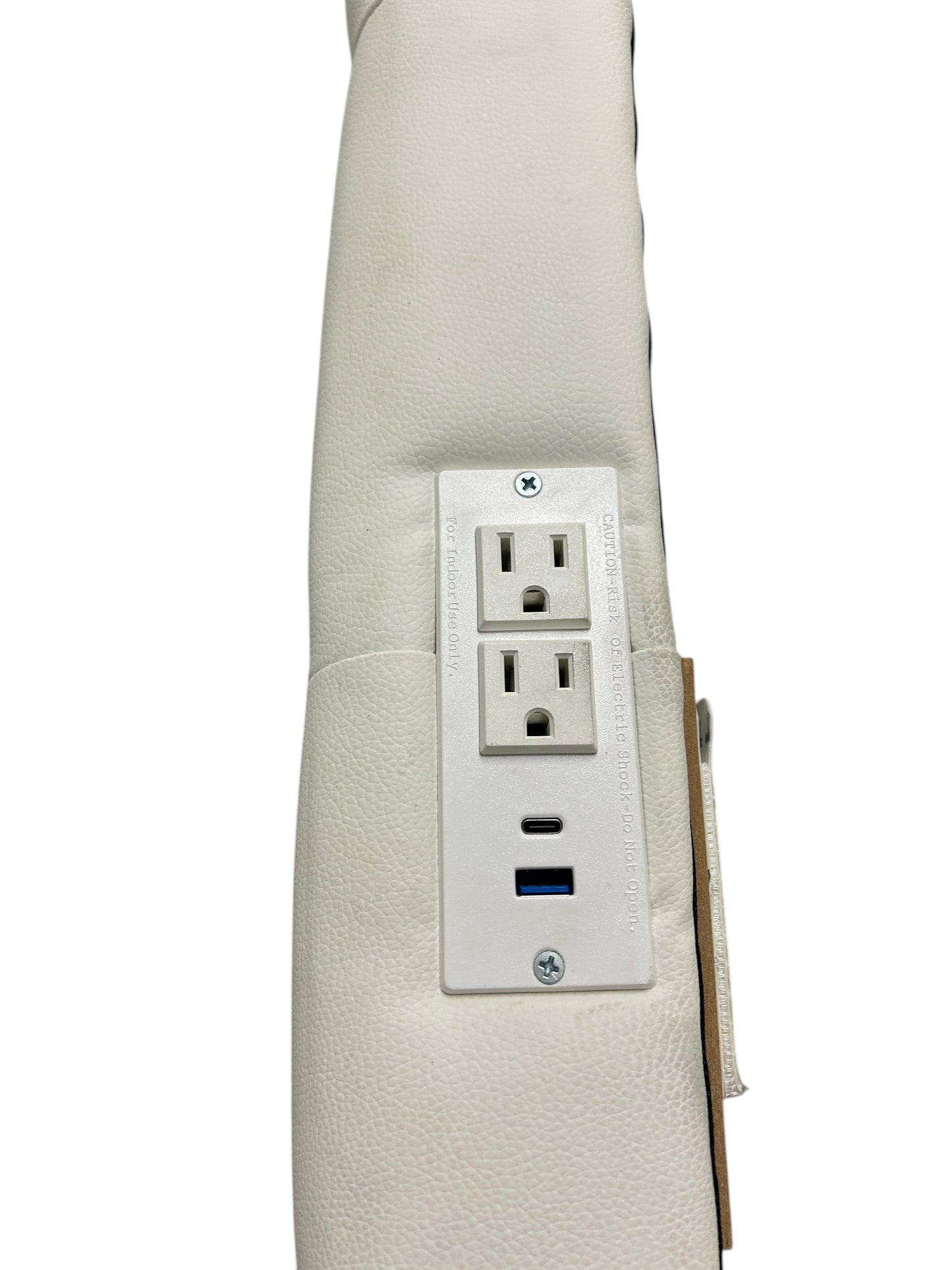 White twin headboard with faux leather and a charging outlet.