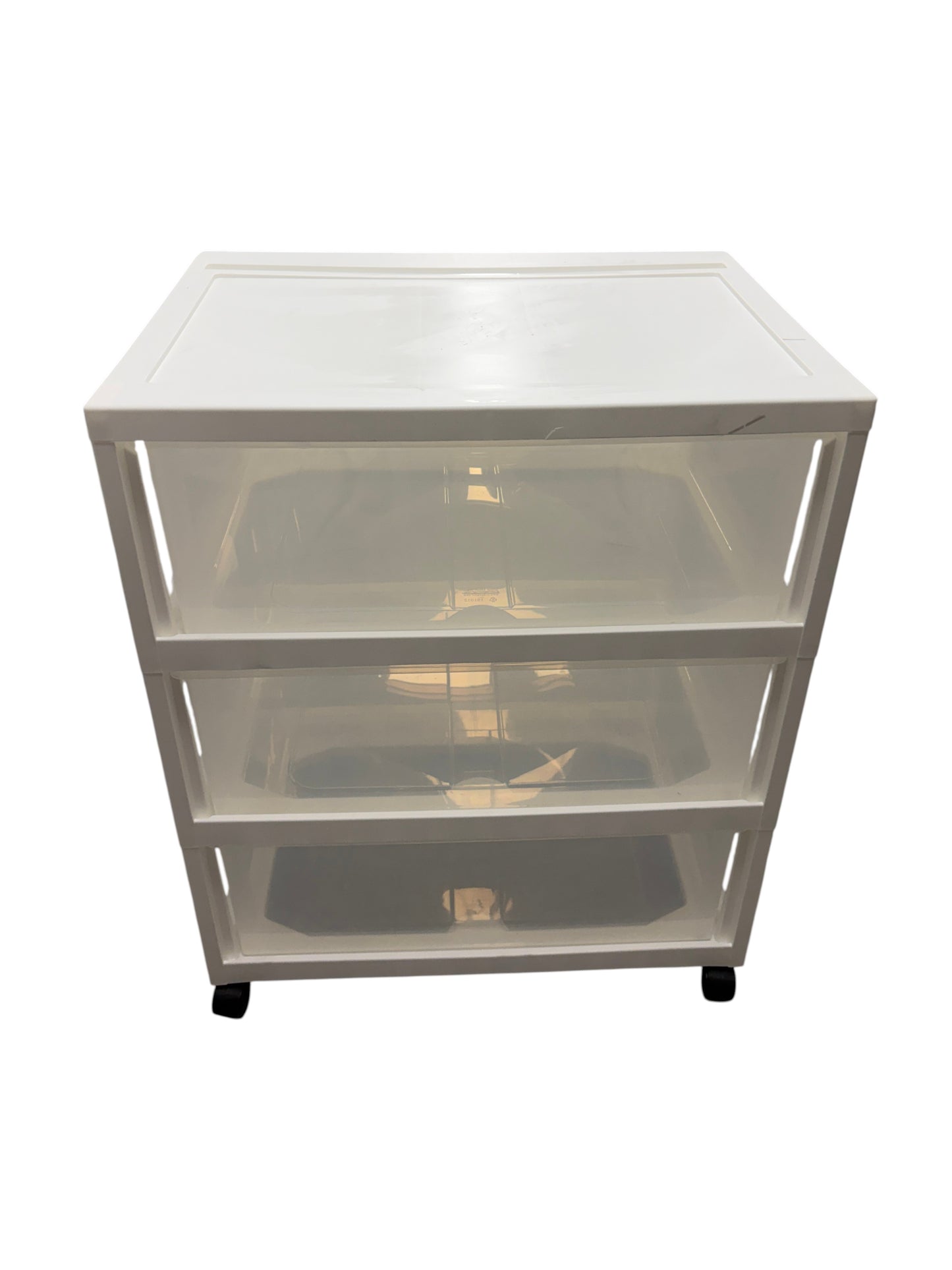White and clear storage bin on wheels.