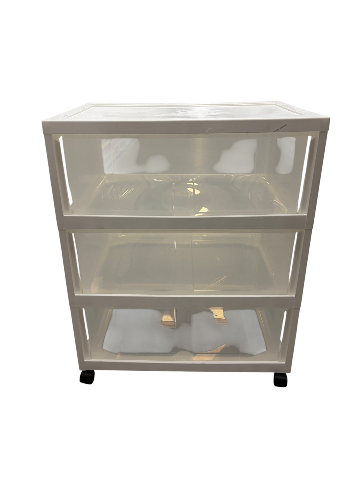 White and clear storage bin on wheels.